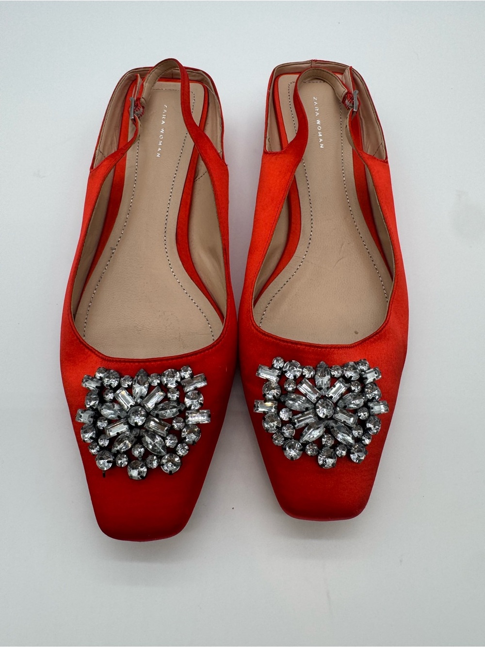 Zara Red Crystal-Embellished Slingback Flats size 9/ 40
